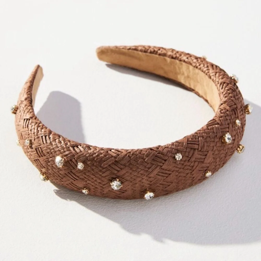 Anthropologie Raffia Headband with Crystals in Brown. Flawed. New!